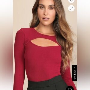 Flirty Little Secret Wine Red Ribbed Cutout Long Sleeve Top